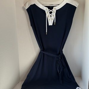 Tommy Hilfiger navy blue white cap sleeve midi dress size small nautical